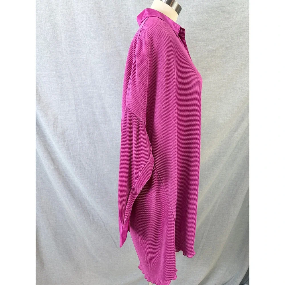 12th Tribe Magenta Pink‎ Plisse Pleated Shirt Dress Oversized Tunic L